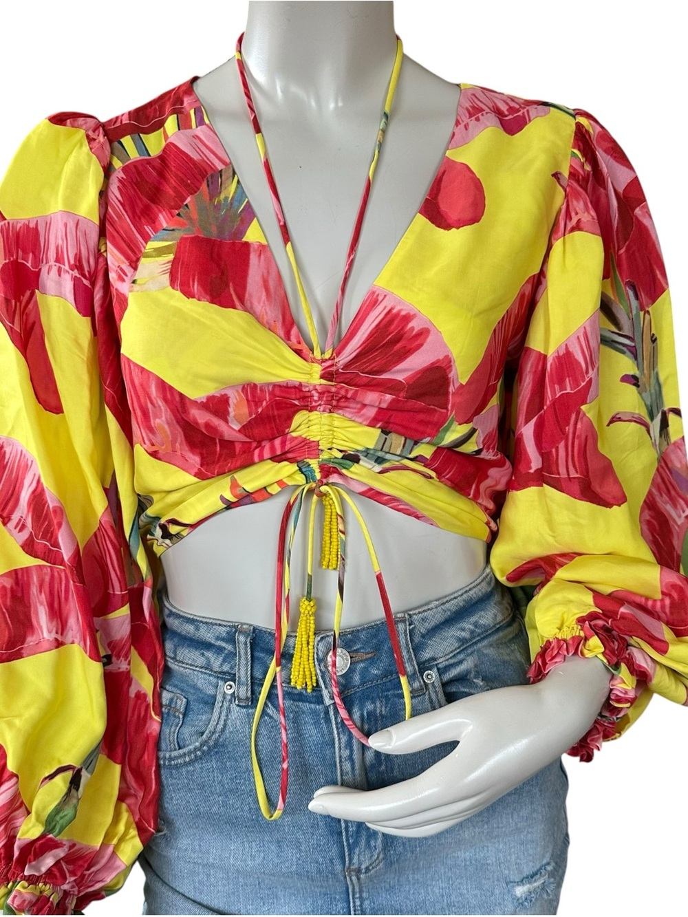 Farm Rio Yellow Floral Tropical Print Sweet Jungle Puff Long Sleeve Crop Top Med - Picture 3 of 9